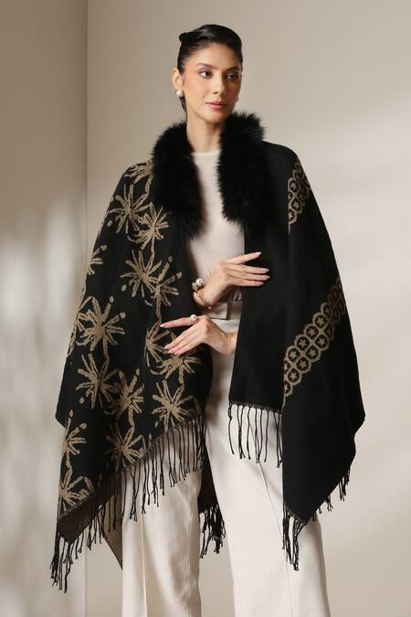 Dusala_Black Open Neck Vegan Fur Cape _at_Aza_Fashions