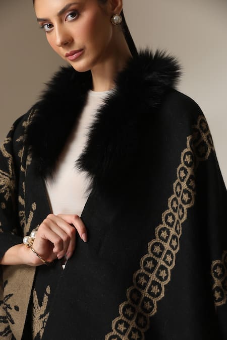 Shop_Dusala_Black Open Neck Vegan Fur Cape 