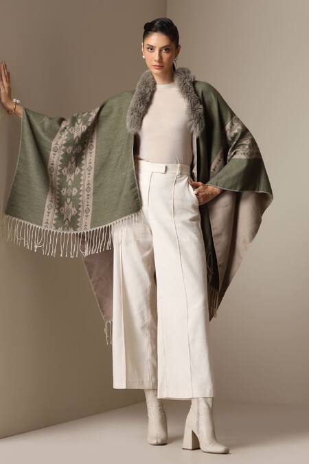 Dusala_Olive Green Open Neck Ethnic Pattern Vegan Fur Cape _Online_at_Aza_Fashions