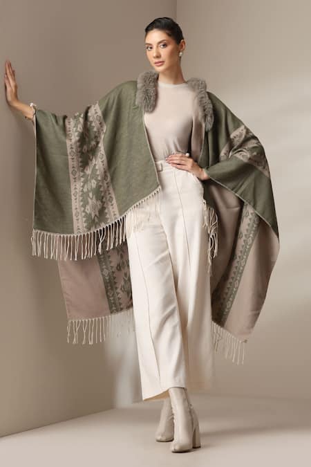 Buy_Dusala_Olive Green Open Neck Ethnic Pattern Vegan Fur Cape _Online_at_Aza_Fashions