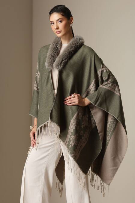 Dusala_Olive Green Open Neck Ethnic Pattern Vegan Fur Cape _at_Aza_Fashions