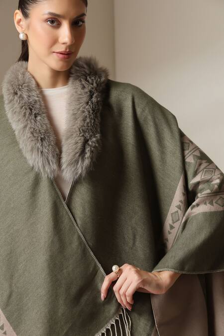 Buy_Dusala_Olive Green Open Neck Ethnic Pattern Vegan Fur Cape 