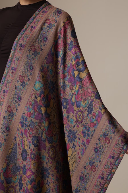 Dusala Beige Floral Pattern Pashmina Wool Silk Stole at Aza Fashions Dusala_Beige Floral Pattern Pashmina Wool Silk Stole _at_Aza_Fashions