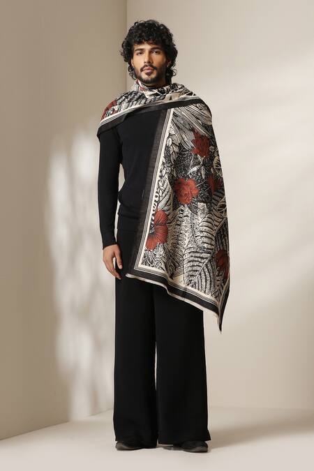 Dusala_Black Botanical Print Stole _Online_at_Aza_Fashions