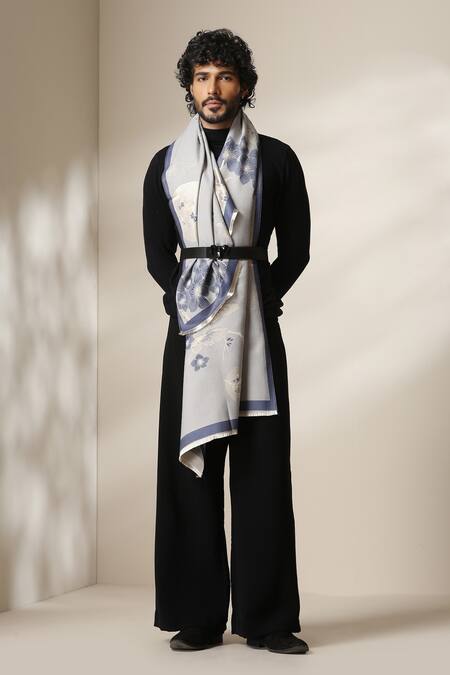 Dusala_Grey Floral And Scenic Print Stole _Online_at_Aza_Fashions