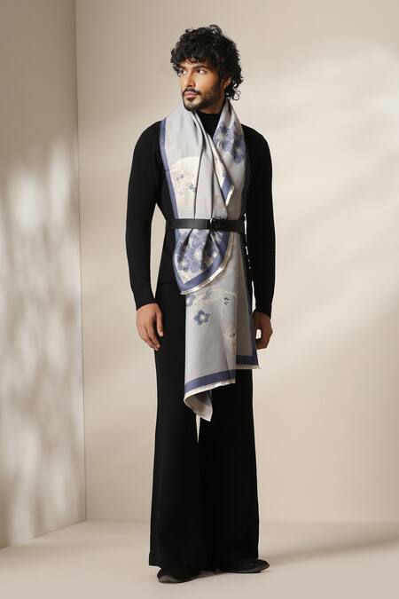 Buy_Dusala_Grey Floral And Scenic Print Stole _Online_at_Aza_Fashions
