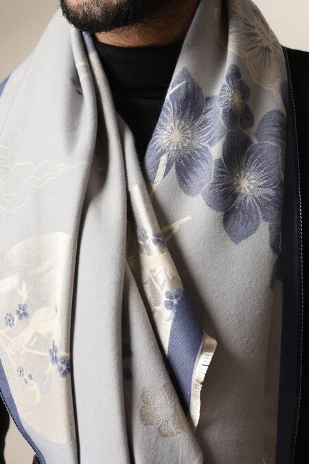 Shop_Dusala_Grey Floral And Scenic Print Stole _Online_at_Aza_Fashions