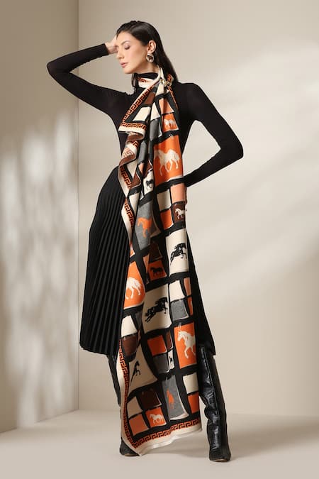 Buy Dusala Multi Color Horse Block Print Stole Online at Aza Fashions Buy_Dusala_Multi Color Horse Block Print Stole _Online_at_Aza_Fashions