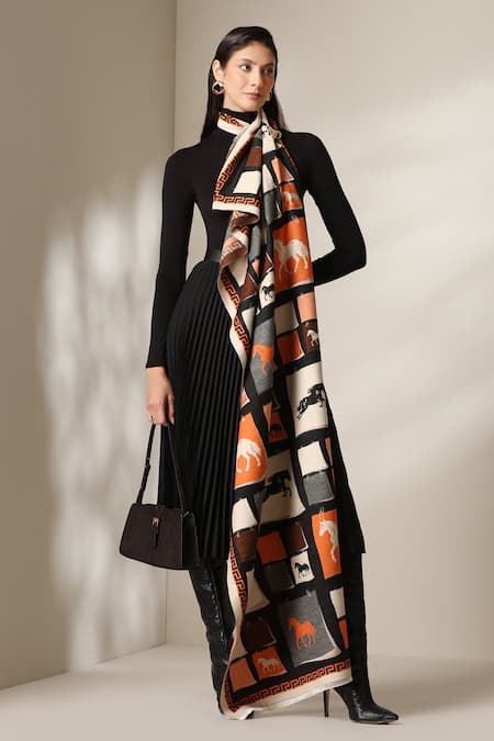 Shop Dusala Multi Color Horse Block Print Stole Online at Aza Fashions Shop_Dusala_Multi Color Horse Block Print Stole _Online_at_Aza_Fashions