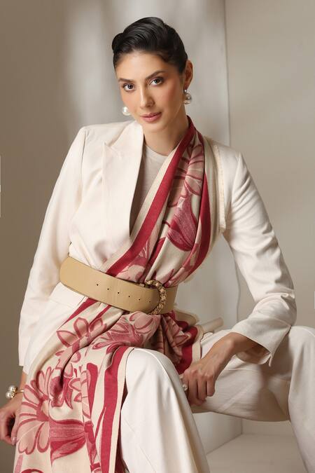 Dusala_Red Floral Pattern Stole _at_Aza_Fashions