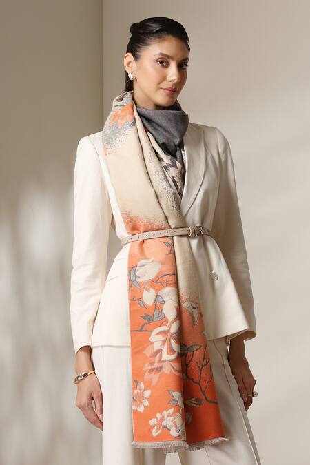 Dusala Orange Floral Print Stole at Aza Fashions Dusala_Orange Floral Print Stole _at_Aza_Fashions