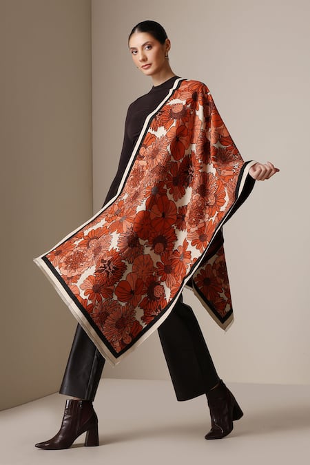 Dusala_Orange Floral Pattern Stole _Online_at_Aza_Fashions