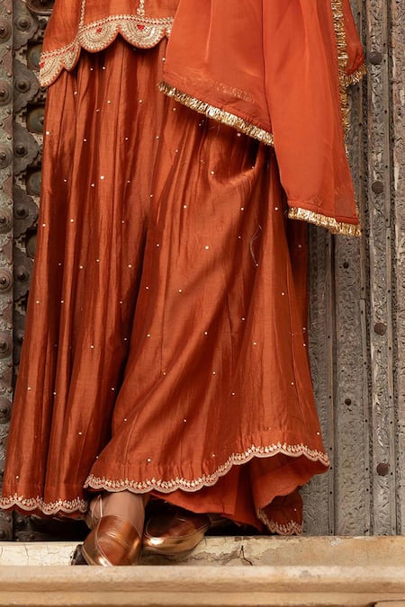 Buy_Amoree by Shikha Chaudhry_Brown Chanderi Silk Embroidery, Mirrors, Zari, Scalloped Kurta Sharara Set _Online_at_Aza_Fashions