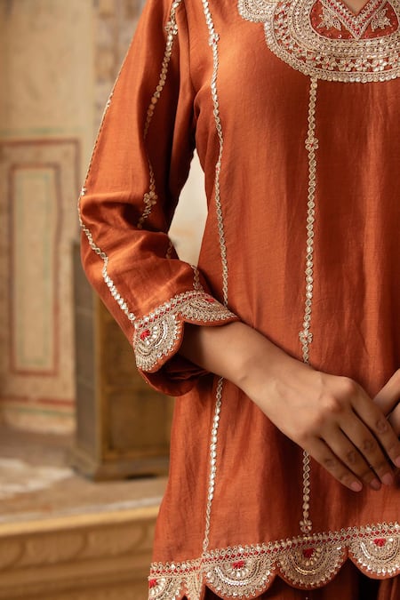 Shop_Amoree by Shikha Chaudhry_Brown Chanderi Silk Embroidery, Mirrors, Zari, Scalloped Kurta Sharara Set _Online_at_Aza_Fashions