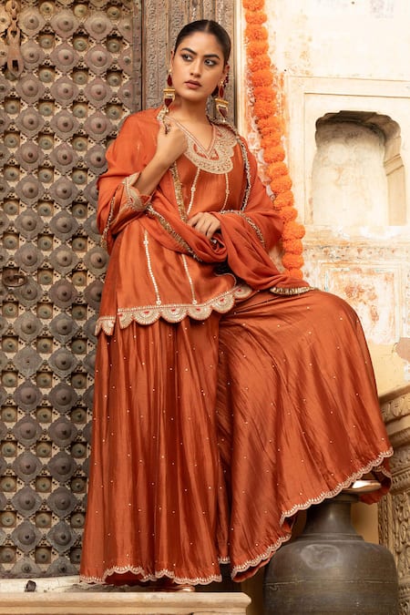 Shop_Amoree by Shikha Chaudhry_Brown Chanderi Silk Embroidery, Mirrors, Zari, Scalloped Kurta Sharara Set 