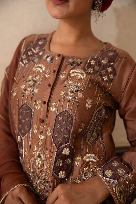 Buy_Amoree by Shikha Chaudhry_Brown Chanderi Silk Embroidery, Sequins, Beads, Metallic Thread Round Kurta Set _Online_at_Aza_Fashions