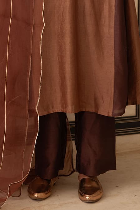 Shop_Amoree by Shikha Chaudhry_Brown Chanderi Silk Embroidery, Sequins, Beads, Metallic Thread Round Kurta Set _Online_at_Aza_Fashions