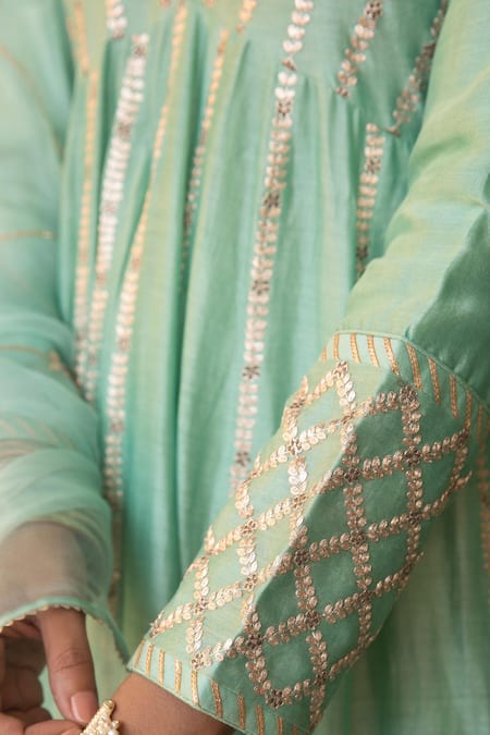 Amoree by Shikha Chaudhry_Turquoise Silk, Silk, Sequins, Embroidery, Gota Anarkali Set _Online_at_Aza_Fashions