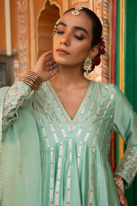 Buy_Amoree by Shikha Chaudhry_Turquoise Silk, Silk, Sequins, Embroidery, Gota Anarkali Set _Online_at_Aza_Fashions