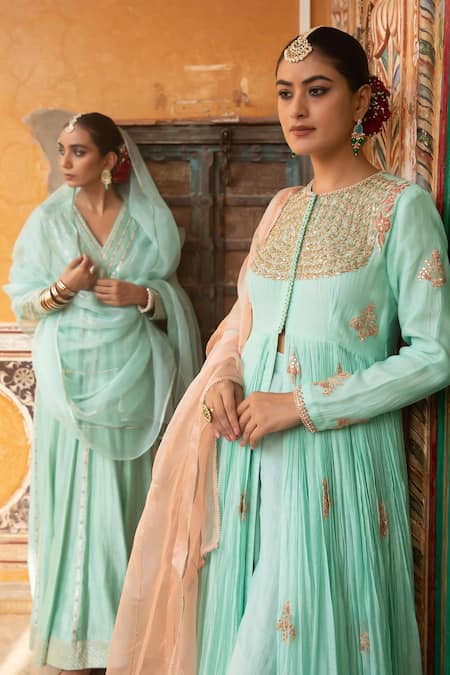 Shop_Amoree by Shikha Chaudhry_Turquoise Silk, Silk, Sequins, Embroidery, Gota Anarkali Set _Online_at_Aza_Fashions