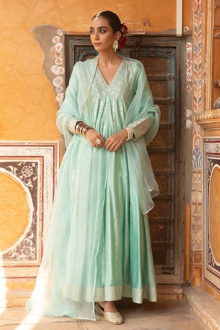 Amoree by Shikha Chaudhry_Turquoise Silk, Silk, Sequins, Embroidery, Gota Anarkali Set _at_Aza_Fashions