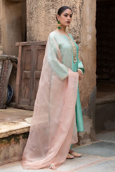 Shop_Amoree by Shikha Chaudhry_Turquoise Chanderi Silk Embroidery, Zari, Sequins Split V-neck Kurta Set _Online_at_Aza_Fashions
