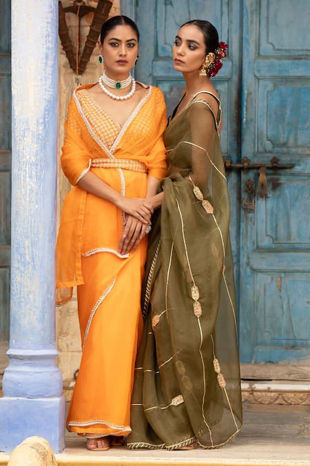 Buy_Amoree by Shikha Chaudhry_Olive Green Chanderi Silk Embroidery, Metallic Thread, Zari Saree With Blouse 