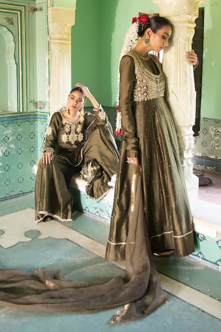 Shop_Amoree by Shikha Chaudhry_Green Chanderi Silk Embroidery, Zari, Gota Patti, Sequins, Kurta Sharara Set _Online_at_Aza_Fashions