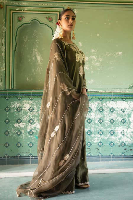 Amoree by Shikha Chaudhry_Green Chanderi Silk Embroidery, Zari, Gota Patti, Sequins, Kurta Sharara Set _at_Aza_Fashions