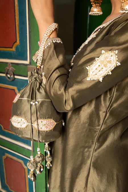 Shop_Amoree by Shikha Chaudhry_Green Chanderi Silk Embroidery, Zari, Gota Patti, Sequins, Kurta Sharara Set 