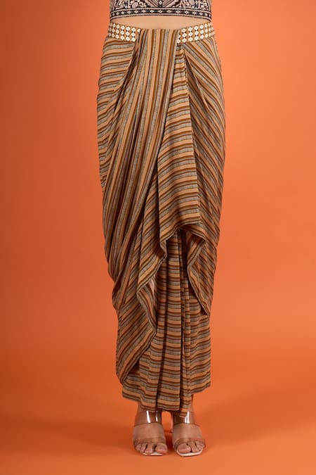 Tarun Tahiliani Stripe Print Draped Skirt 