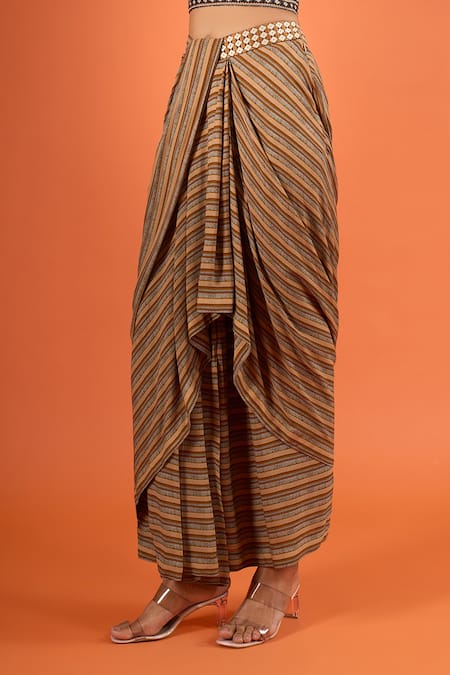 Shop_Tarun Tahiliani_Multi Color Sequins Stripe Print Draped Skirt _Online_at_Aza_Fashions