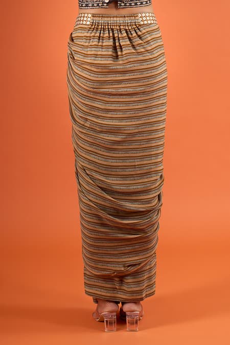 Tarun Tahiliani_Multi Color Sequins Stripe Print Draped Skirt _at_Aza_Fashions