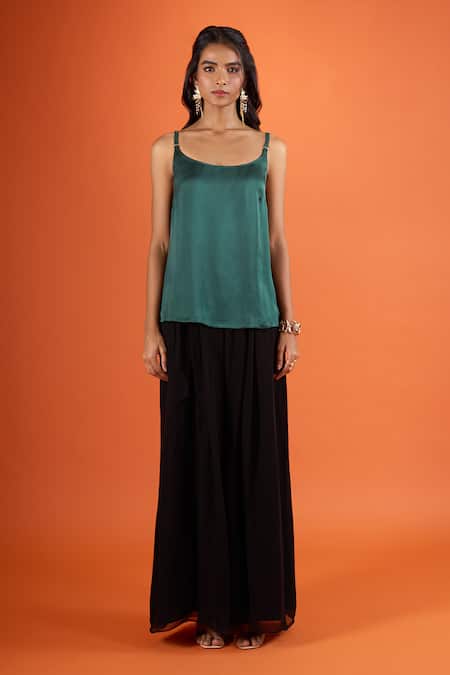 Tarun Tahiliani_Green Boat Neck Asymmetric Cape Set _Online_at_Aza_Fashions
