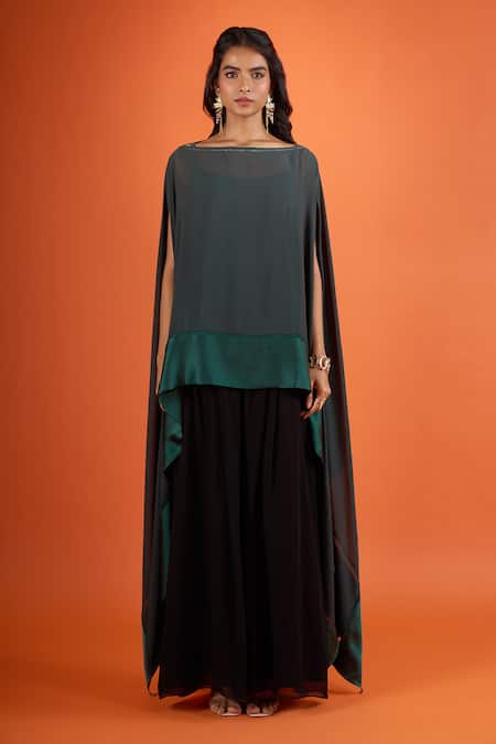 Buy_Tarun Tahiliani_Green Boat Neck Asymmetric Cape Set _Online_at_Aza_Fashions