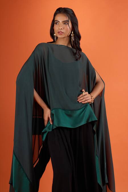 Tarun Tahiliani_Green Boat Neck Asymmetric Cape Set _at_Aza_Fashions