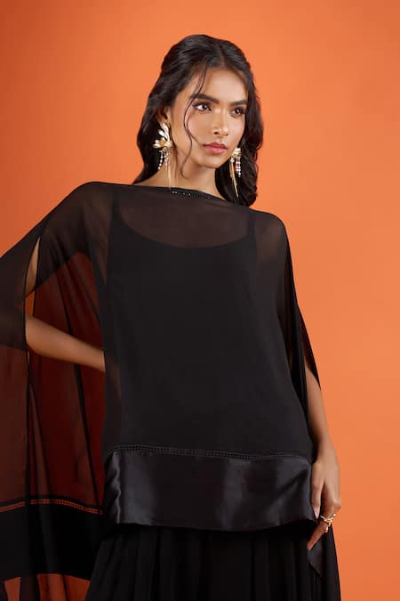 Tarun Tahiliani_Black Boat Neck Sheer Cape Set _Online_at_Aza_Fashions