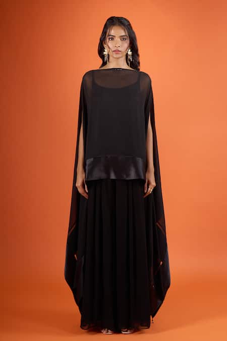 Shop_Tarun Tahiliani_Black Boat Neck Sheer Cape Set _Online_at_Aza_Fashions