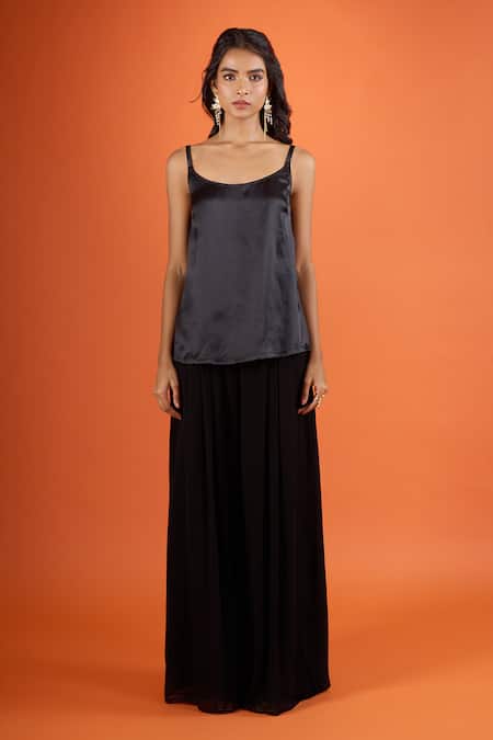 Tarun Tahiliani_Black Boat Neck Sheer Cape Set _at_Aza_Fashions