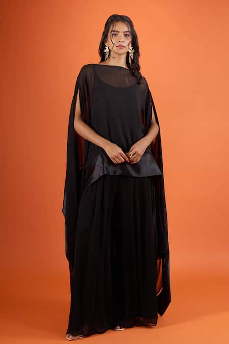 Tarun Tahiliani Sheer Black Cape Set