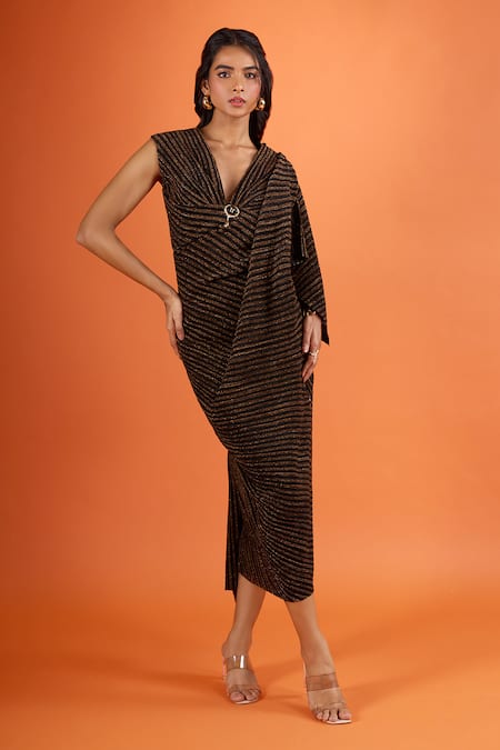 Tarun Tahiliani_Black V-neck Stripe Pattern Dress _Online_at_Aza_Fashions