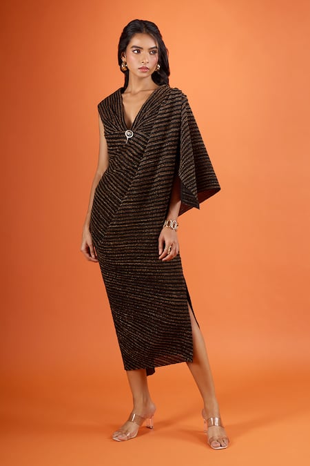 Shop_Tarun Tahiliani_Black V-neck Stripe Pattern Dress _Online_at_Aza_Fashions