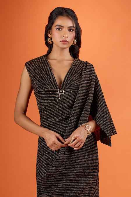 Tarun Tahiliani_Black V-neck Stripe Pattern Dress _at_Aza_Fashions