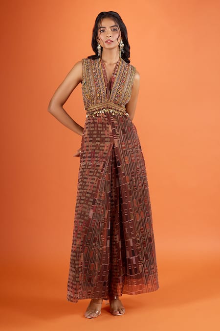 Tarun Tahiliani_Multi Color Beads, Sequins V-neck Embroidered Jumpsuit _Online_at_Aza_Fashions