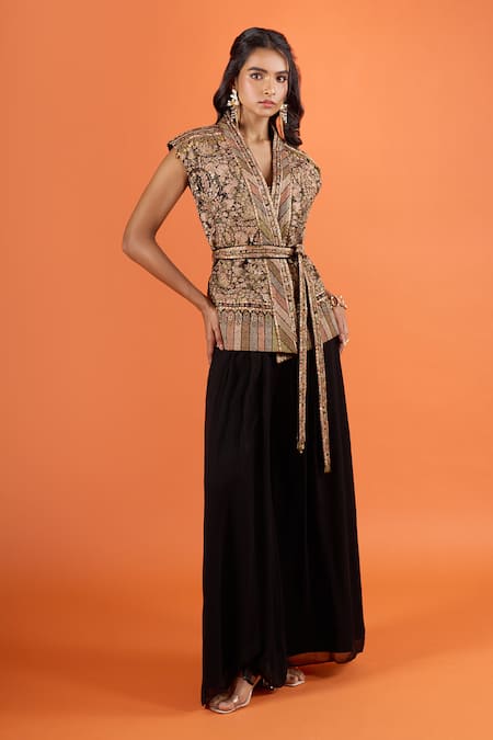 Tarun Tahiliani_Black Embroidery, Metallic Thread V-neck Gilet _Online_at_Aza_Fashions