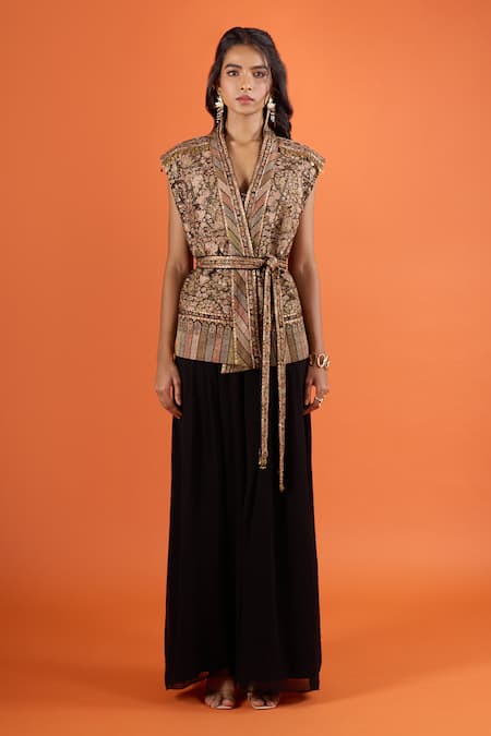 Buy_Tarun Tahiliani_Black Embroidery, Metallic Thread V-neck Gilet _Online_at_Aza_Fashions