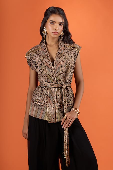 Shop_Tarun Tahiliani_Black Embroidery, Metallic Thread V-neck Gilet _Online_at_Aza_Fashions