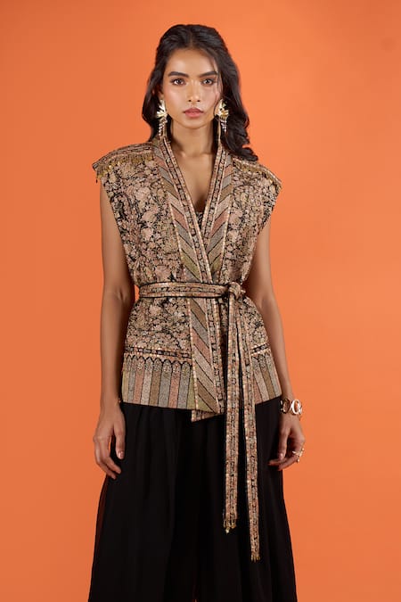 Tarun Tahiliani_Black Embroidery, Metallic Thread V-neck Gilet _at_Aza_Fashions