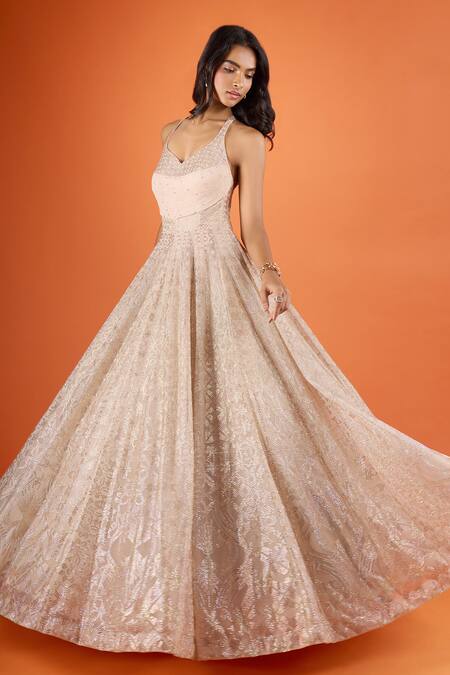 Seema Gujral Beige Net Embroidery Halter , Sweetheart Gown Online at Aza Fashions Seema Gujral_Beige Net Embroidery Halter , Sweetheart Gown _Online_at_Aza_Fashions