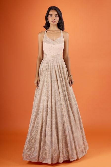 Seema Gujral Beige Net Embroidery Halter , Sweetheart Gown at Aza Fashions Seema Gujral_Beige Net Embroidery Halter , Sweetheart Gown _at_Aza_Fashions